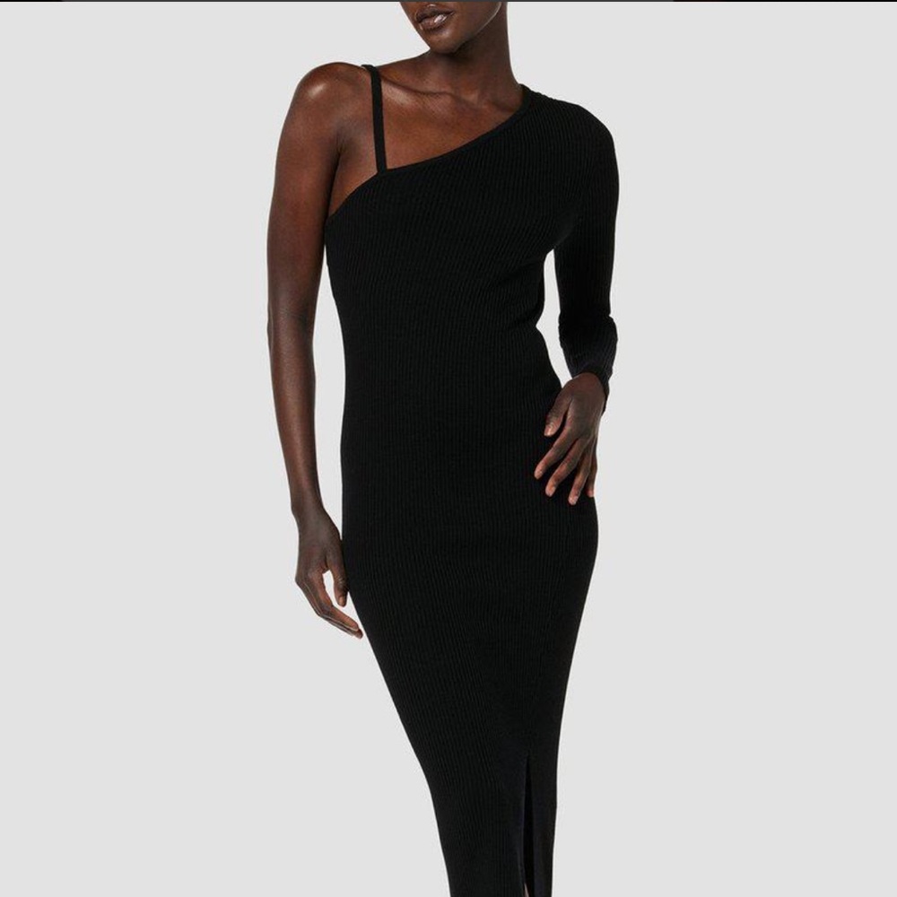HUDSON Luxe Merino Wool One-Shoulder Black Midi Dress--NWT--S